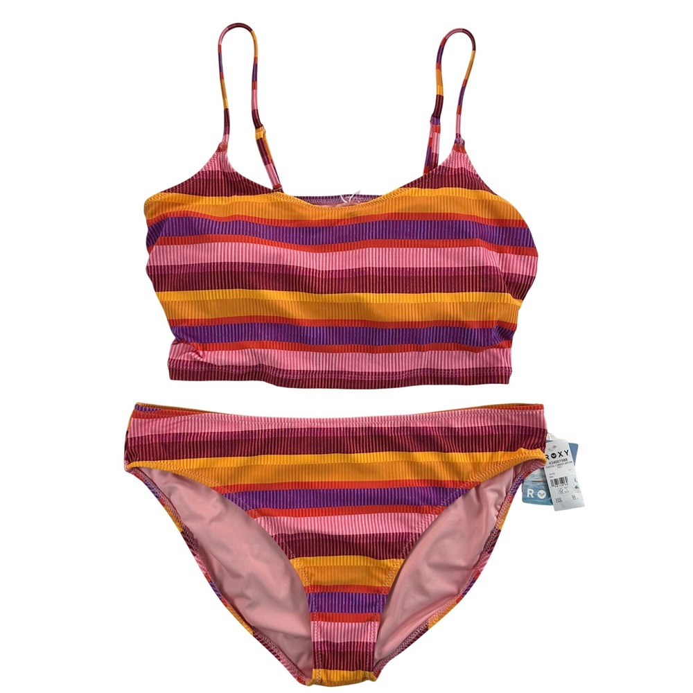 Roxy Coastal Current Striped Bikini Set XL Orange Pink Purple Ribbed New Beach